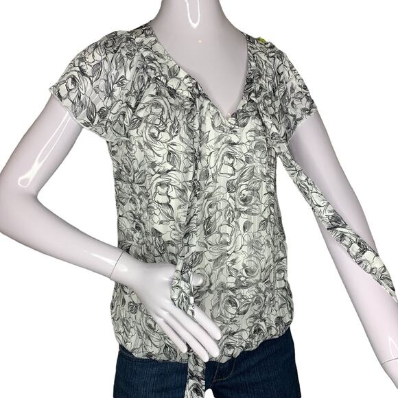 Sara Michelle Petite Top Short Sleeve Elastic on Waist B/W Floral … - Picture 3 of 10